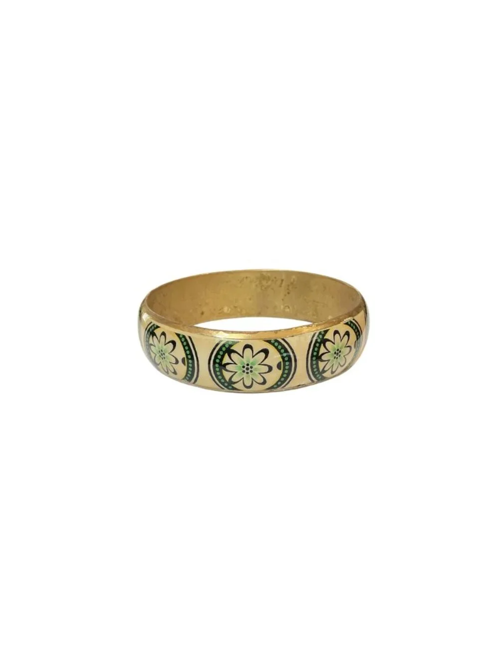 Vintage Brass Bangle Bracelet With Green Floral Design 2.62